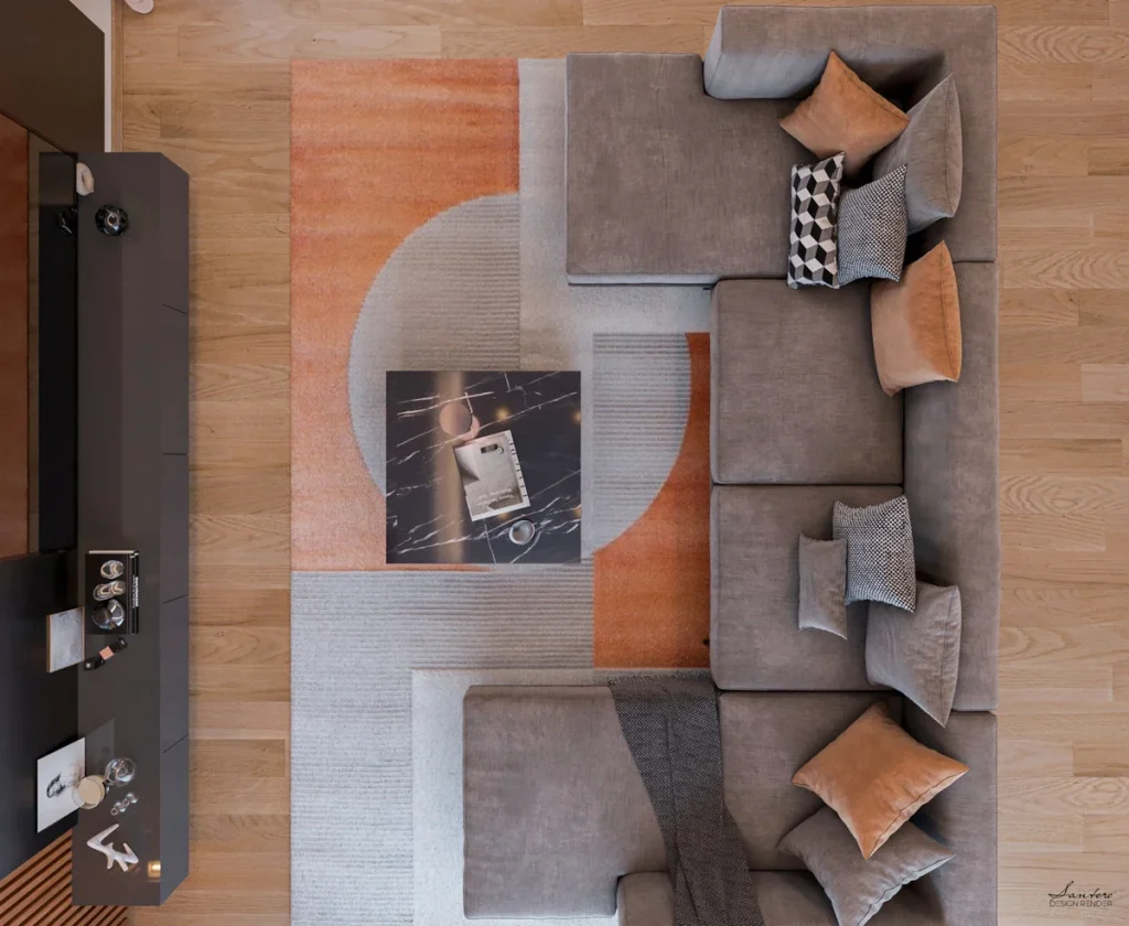 zona conversazione living moderno disposizione arredi vista dall’alto render
