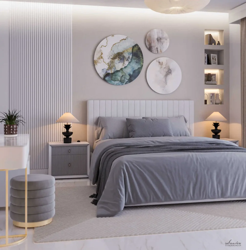 Camera da letto moderna in bianco caldo con illuminazione soffusa e arredi minimal.