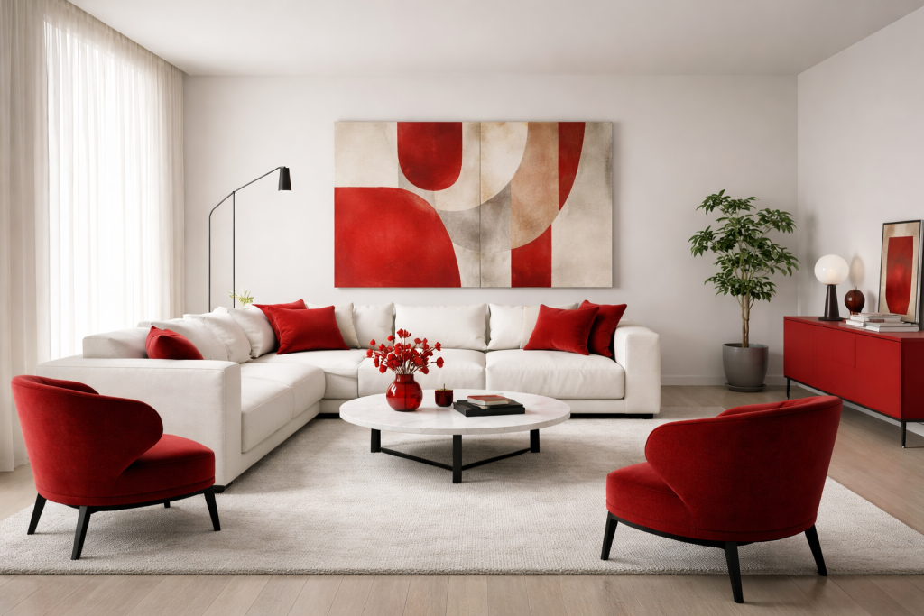 Living minimal moderno con accenti cromatici rossi