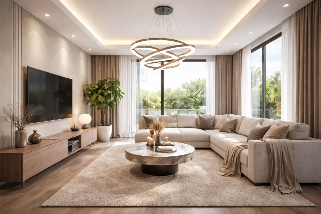 Layout del living moderno con divano angolare e zona relax luminosa