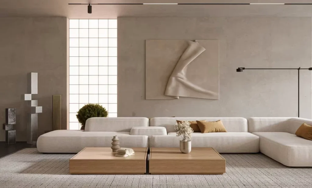 interior design moderno minimal bianco caldo living 2026