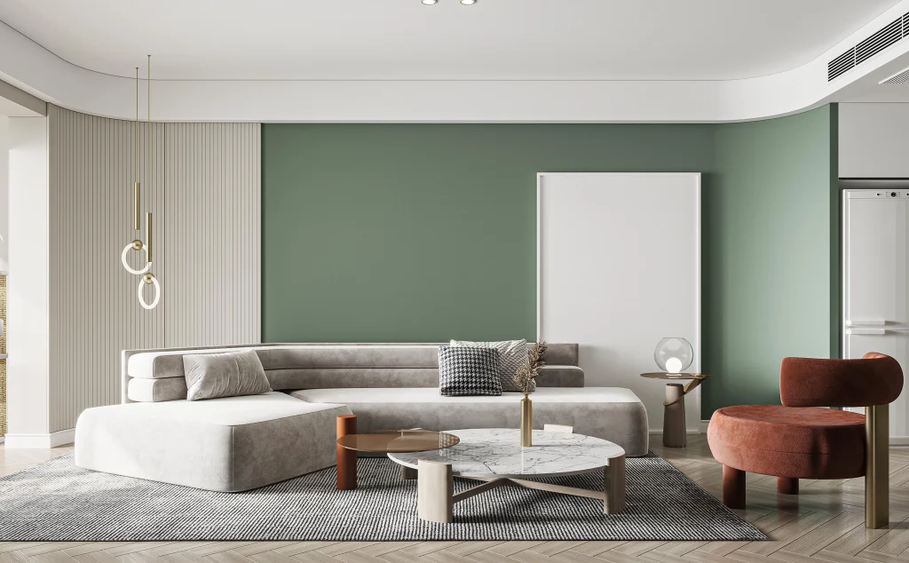 interno moderno verde desaturato salvia design minimal