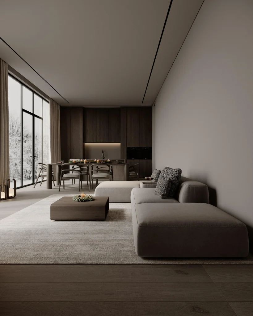living moderno neutri caldi beige pietra interior design 2026