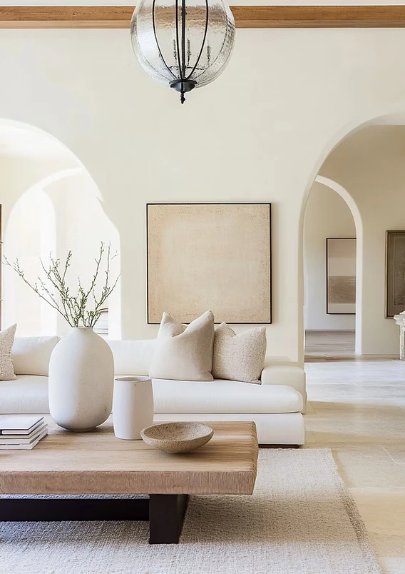 Interno moderno tonalità terra materiali naturali legno pietra