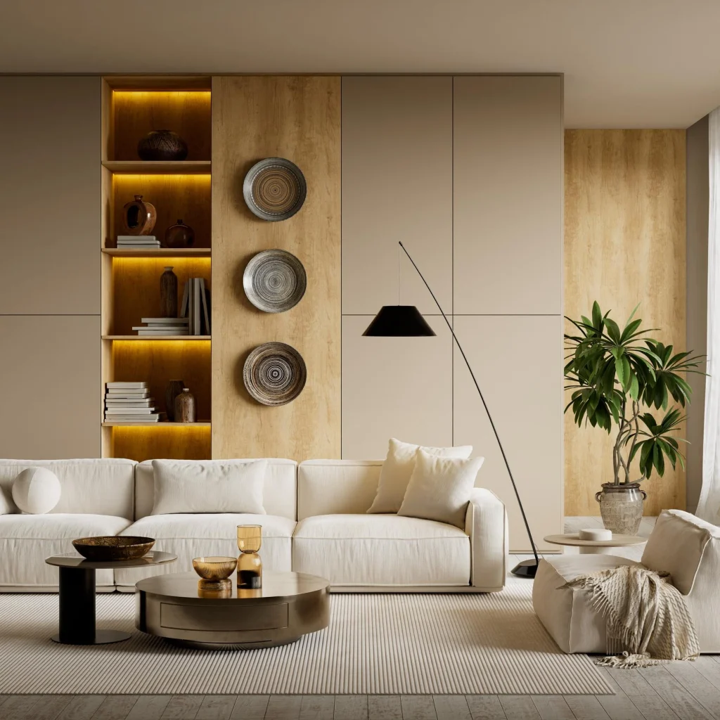 Interno moderno tonalità terra materiali naturali legno pietra