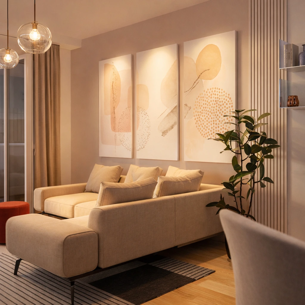 Simulazione illuminazione artificiale serale con luce stratificata per migliorare atmosfera e percezione dello spazio living.