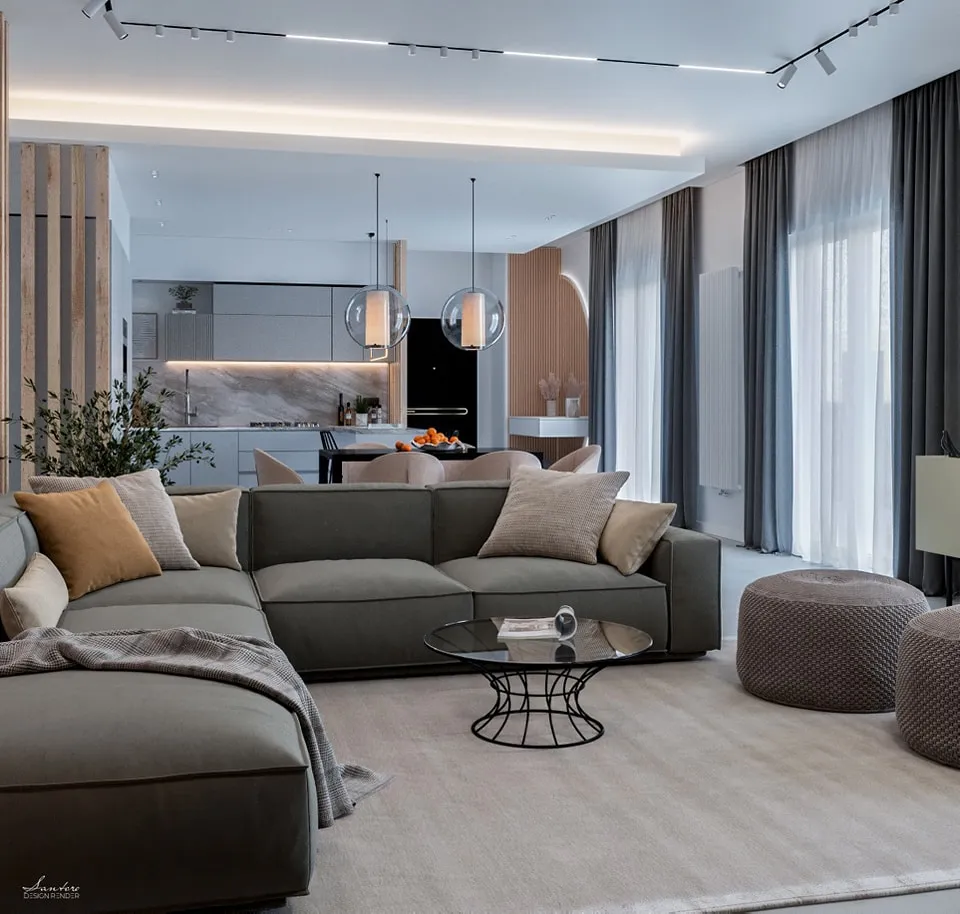 rendering progettazione luce interni open space luce indiretta perimetrale soffitto living cucina
